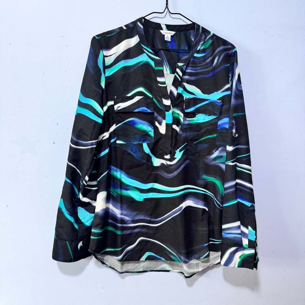 Calvin Klein Black & Teal Wave-Print Long Sleeve Blouse